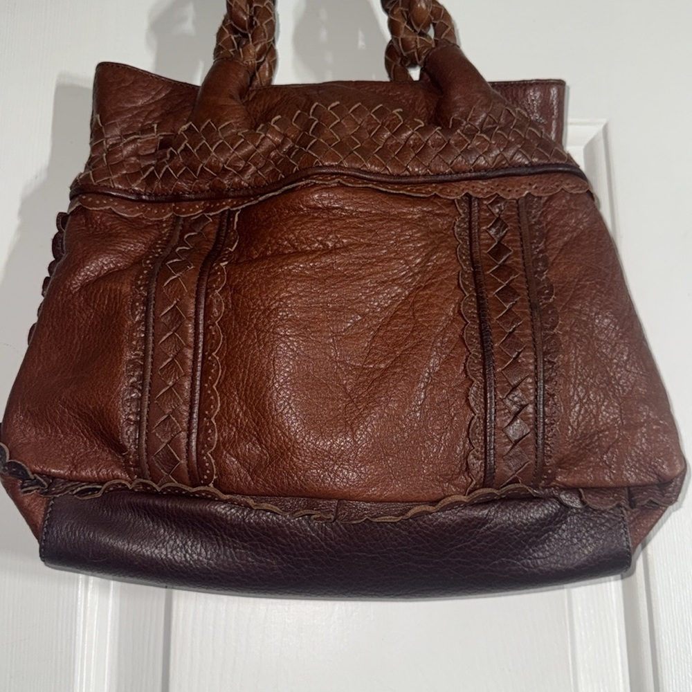 Elliott Luca Brown Pebbled Leather w/ Woven Details Everyday Medium Size Handbag - Picture 9 of 12